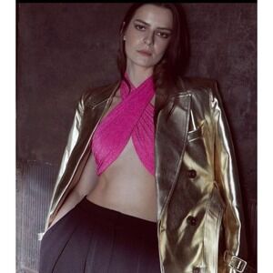 LVB. Women's Lurex Jersey Criss Cross Halter top Hot Pink 2 10 NWT 298